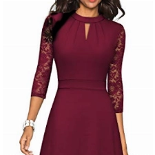 HOMEYEE Damen Elegant Hollow Out Spitzenärmel Swing Retro Party Cocktailkleid A234 (XL, Burgund)