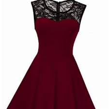 HOMEYEE Damen Elegant Spitze Rundhalsausschnitt Ärmel Mesh-A-Linie Kleid UKA008 (EU 36 (Herstellergroesse: S), Dunkelrot)