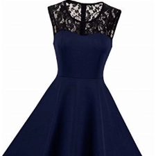 HOMEYEE Damen Elegant Spitze Rundhalsausschnitt Ärmel Mesh-A-Linie Kleid UKA008 (EU 40 (Hersllergroesse: L), Dunkelblau)