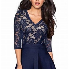 HOMEYEE Damen Vintage 3/4 Ärmel Floral Spitze Gestickte Cocktail Ausgestelltes Kleid A062 (EU 42 = Size XL, Dunkelblau)