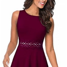 HOMEYEE Damen Vintage Rundhalsausschnitt ärmellosen Blumen Bestickt knielangen Cocktailkleid UKA079 (EU 38 = Size M,Karminrot)