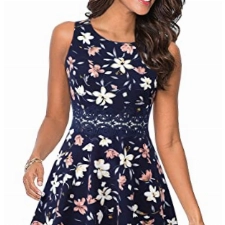 HOMEYEE Damen Vintage Rundhalsausschnitt ärmellosen Blumen Bestickt knielangen Cocktailkleid UKA079 (EU 38 = Size M,Dunkelblau + Floral)