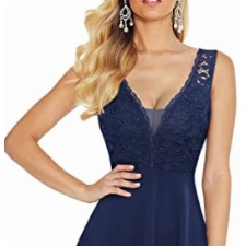 HOMEYEE Damen Vintage V-Ausschnitt Ärmel Blumen Spitze Rockabilly Swing Cocktailkleid A288 (L, Marineblau)