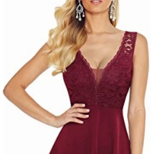 HOMEYEE Damen Vintage V-Ausschnitt Ärmel Blumen Spitze Rockabilly Swing Cocktailkleid A288 (S, Burgundy)