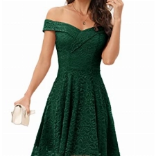 Homrain Abendkleid lang elegant Kleid Damen Cocktailkleid Schulterfrei Spitzenkleid Floral Kleid Ballkleid Schwingen Brautjungfernkleider Dark Green S