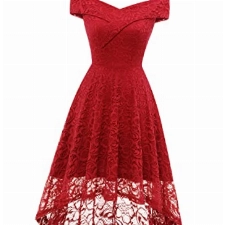 Homrain Damen Kleider Elegant Spitzenkleid Cocktailkleid Knielang Rockabilly Kleid Abendkleider Red S