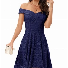 Homrain Damen Spitzenkleid Brautjungfernkleider Elegant Party Knielang Cocktailkleid Halloween Kleid Navy XL