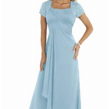 HUINI Abendkleid Chiffon Lang Brautmutterkleid Empire Ballkleid Festkleid mit Ärmel Hochzeitskleid Partykleid Hellblau 38