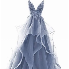 HUINI Ballkleider Lang Elegent Abendkleid Hochzeitskleider Standesamt Damen Tüll Abschlussballkleid Prinzessin Rückenfrei Schmutzigblau 38
