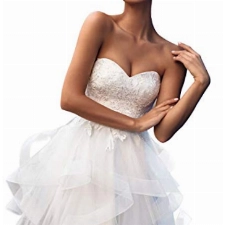 HUINI Brautkleid Kurz Tüll Hochzeitskleider Spitzen Glitzer Brautmode Ballkleider Standesamtkleider Rückenfrei Weiß 38