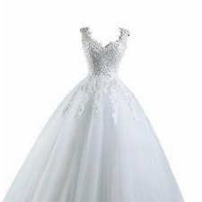 HUINI Brautkleid Lang Prinzessin Tüll Hochzeitskleid Standesamt Vintage Brautmode A-Linie Ballkleid mit Perlen Weiß 42