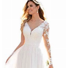 HUINI Brautkleider Spitzen Lang Hochzeitskleider Standesamt V-Ausschnitt Brautmode Prinzessin Chiffon Brautkleid Langarm Elfenbein 38
