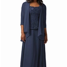 HUINI Brautmutter Kleider mit Jacke Chiffon Lang Abendkleider Lace Hochzeitskleid Festkleider Langarm Navy 58