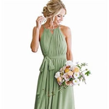 HUINI Lang Brautjungfernkleid Chiffon Schlicht Elegant Hochzeitsgast Kleid Große Größen für Mollige Hell Salbei 38