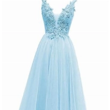 HUINI V-Ausschnitt Abendkleid Lang Elegant Rückenfrei Cocktailkleider Ballkleider Prinzessin Lang Damen Brautjungfernkleid A-Linie Spitze Hochzeit Festkleid Ärmellos Hellblau 40