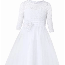 iEFiEL Kinder Mädchen Kleider Festlich Halb Arm Blumenspitze Brautjungfern Kleid Lang Prinzessin Hochzeit Party Kleid Tüllkleid Weiß 140