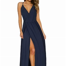 II ININ Sommerkleid Damen Lang Maxikleid Sommer Geteilter Kleid Hochzeit Spaghettiträger Freizeitkleid Blau