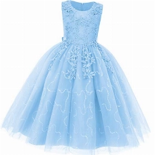 IMEKIS Blumenmädchen Kleid Prinzessin Spitze Tüll Tutu Pailletten Bowknot Abendkleid Partykleid Brautjungfer Hochzeit Geburtstag Lang Festzug Ballkleid Hellblau 11-12 Jahre