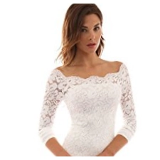 iMixCity Damen Sommerkleid Vintage 50S V-Ausschnitt Schulterfreies Cocktailkleid Floraler Spitzenkleid Ladies Knielang Partykleid Pinup Rockabilly Kleid (Weiß, S)