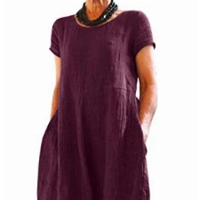 Imuedaen Sommerkleid Damen Kleider Sommer Rundhalsausschnitt Casual Kurzarm Freizeitkleider Strandkleider Boho Langes Kleid mit Taschen (3XL, B Burgund)