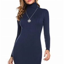 Irevial Rollkragen Strickkleid Damen Warm Kleid Winter Langarm Wollkleid Elegant Winterkleid für Freizeit, Navy Blau, S