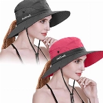 IYEBRAO 2 Stück Pferdeschwanz Sonnenhut Damen-UV Schutz Breite Krempe Sommerhut mit Nackenschnur-Sonnenschutzhut Strandhut Fischerhut Anglerhut Gartenhut Wanderhut Outdoor Hut (Hellrot+Grau, 2 Stück)