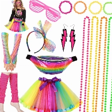 iZoeL 80er Jahre Kostüm Damen, 80er Outfit 80er Kleidung, 15tgl. ink. Tutu Rock Bauchtasche Haarreif Brille Armband Halskette Ohrringe, 80er Retro Party Accessoires