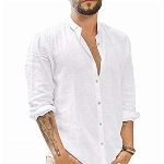 Jacansi Herrenhemden Herren-Leinenhemden Langarm-Freizeithemden Slim Fit-Hemden Weiß 3XL