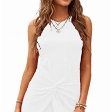 JayscreateEU Damen Kleider Sommerkleid Rundhals Kleid Knielang Kleid Ärmelloses Kurzer Kleid wickelkleid Damen Strandkleid FestlichKleid Freizeitkleid,Weiß,L