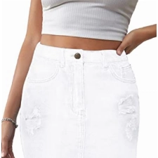 JayscreateEU Damen Sommerrock Jeansrock Enger Rock Minirock mit Tasche Hüftrock A-Linie Rock mit Taschensaum Rock mit Fransen,Weiß,S