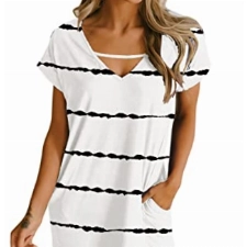 JayscreateEU Damenkleid Sommerkleid Tunikakleid T-Shirtkleid Knielanges Kleid A-Linie Kurzarm Kleid Freizeitkleid V-Ausschnitt Kleid mit Taschen Strandkleid Umstandskleid Casual Kleider ，Weiß，XL