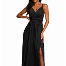 JENJON Damen Sommer Kleid Elegant Off Shoulder Kurzarm Ohne Arm V-Ausschnit Tunika Maxikleider Casual Hohe Taille Saumschlitz Cocktailkleid A-Schwarz M