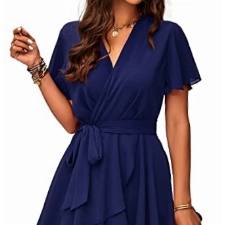 Jiraewh Damen Chiffon Kurz Kleid V-Ausschnitt Kurzarm Sommerkleid Tunika Kleider Einfarbig Elegant Rüschen Minikleid Casual Swing Skater Kleid Hohe Taille Partykleid Wickelkleid mit Gürtel （5086-DB,L）