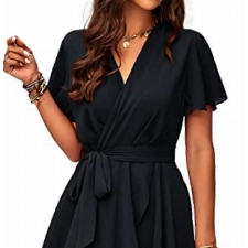 Jiraewh Damen Elegant Kurz Kleid V-Ausschnitt Kurzarm Chiffon Sommerkleid Einfarbig Cocktailkleid Rockabilly Hochzeit Falten Minikleid （5086-BK,XL）