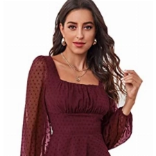 Jiraewh Damen Sommerkleider Langarm Polka Dots Cocktailkleid Elegant Einfarbig Square Neck A-Linie Minikleider (s, 5027-Weinrot)