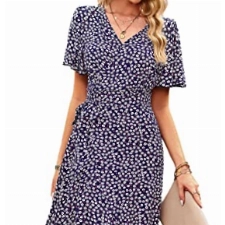 Jiraewh Maxikleid Damen Blumen Kurzarm Langes Kleid V-Ausschnitt Wickelkleid Rüschen-Saum Schlitz Punktmuster Sommerkleid Mit Gürtel(5085-MB,M)