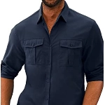 JMIERR Hemd Blau Herren Slim Fit Leinenhemd Langarm Stehkragen Sommerhemd mit Tasche Freizeithemden Blau L