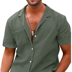 JMIERR Hemd Herren Kurzarm Freizeithemd Kurzarmhemd Leinenhemd Baumwolle Sommer T-Shirt Strand Hemd Regular Fit Button Down Grün, L