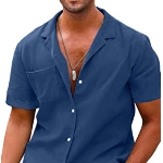 JMIERR Hemd Herren Kurzarm Leinenhemd Freizeithemd Businesshemd Sommerhemd Herren Regular Fit Einfarbig mit Taschen Blau, L