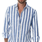 JMIERR Hemd Herren Leinenhemd Herren Langarm gestreiftes Hemd Herren Regular Fit Freizeithemd Sommerhemd, Himmelblau L