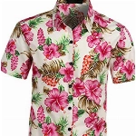 JOGAL Herren Blumen Kurzarm Baumwolle Hawaii Hemd Medium WeißHibiskus