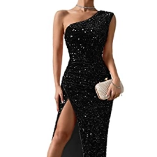 Justchicc Damen Sexy eine Schulter ärmellos Funkelndes Pailletten Partykleid Maxikleid Schwarz Medium