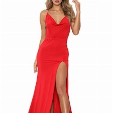 Justchicc Damen Spaghetti-Träger mit hohem Schlitz Party-Cocktailabend Abendkleid Meerjungfrau Maxi-langes Kleid rot X-Large