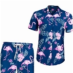 J.Ver Herren Hawaiihemd und Hawaii Strandshorts Lässig Flamingo Floral Kurzarm Set Sommer Beach Freizeithemden Strand Surf Shorts für den Urlaub, blau-Flamingo, L