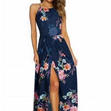 KILIG Maxikleider Damen Sommer Neckholder Sommerkleid Elegant Lang Maxi Kleid Hochzeitsgast Schlitz Freizeitkleid 2023(Floral-K,Medium)