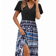 KILIG Sommerkleid Damen Lang Kleid Kurzarm Maxikleid Damen Sommer V Ausschnitt Vokuhila Freizeitkleid