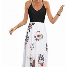 KILIG Sommerkleid Damen Spaghettiträger Kleid Vokuhila Maxikleider Damen Sommer V-Ausschnitt Freizeitkleid Blumen-3