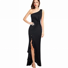 KOEMCY Damen Kleider Sexy One Shoulder Cocktailkleider Elegant Raffungen Beinschlitz Party Kleid Hochzeit Abendkleider Ärmelloses (Schwarz,L)
