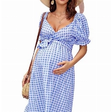 KOJOOIN Daman Umstandskleid Rüschen Kurzarm Schwangerschaftskleid V-Ausschnitt Umstandsmode Midi Elegante Stillkleid Lange Kariertes Blumenkleid (Verpackung MEHRWEG), Blau1, M