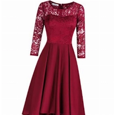 KOJOOIN Damen Abendkleider/Cocktailkleid/Brautjungfernkleider für Hochzeit Unregelmässiges Kurzespitzenkleidangarm Bordeaux Weinrot,S